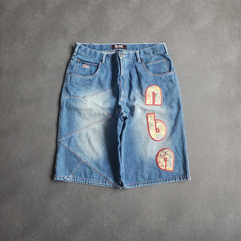 Vintage Baggy NBA UNK AOP Denim Jean Shorts 38 - Picture 2 of 10